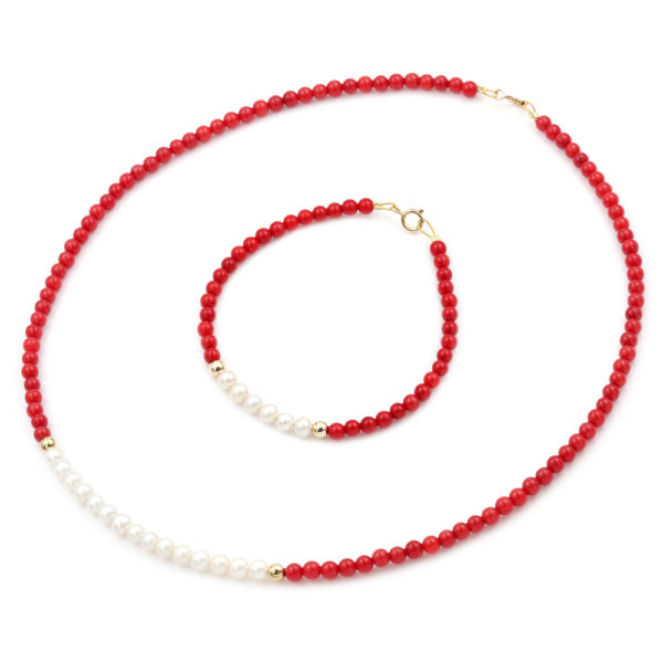 Necklace Bracelet Set with Coral and Pearls in k14 Gold Clasp