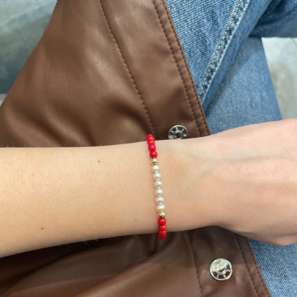 Necklace Bracelet Set with Coral and Pearls in k14 Gold Clasp