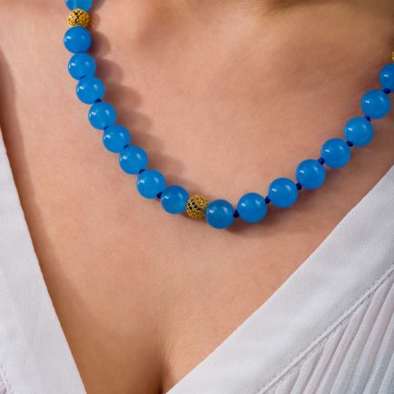 Jade Blue 10mm Beaded Necklace in Sterling Silver 925