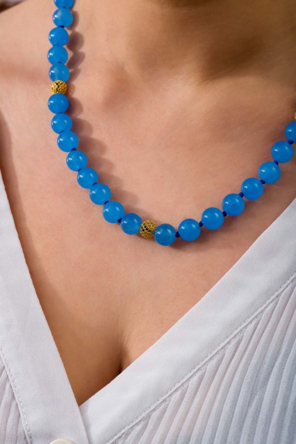 Jade Blue 10mm Beaded Necklace in Sterling Silver 925