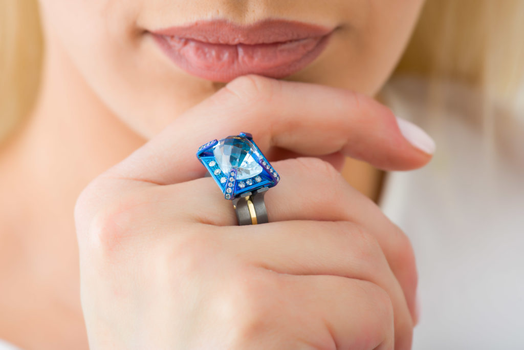 Titanium Ring with Blue Topaz Gemstone with Diamonds