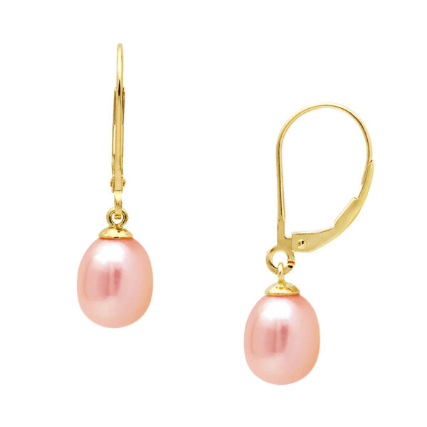 Oval Freshwater Pearls 8-10mm 4A Lever back Dangle Earrings in 14k Yellow Gold