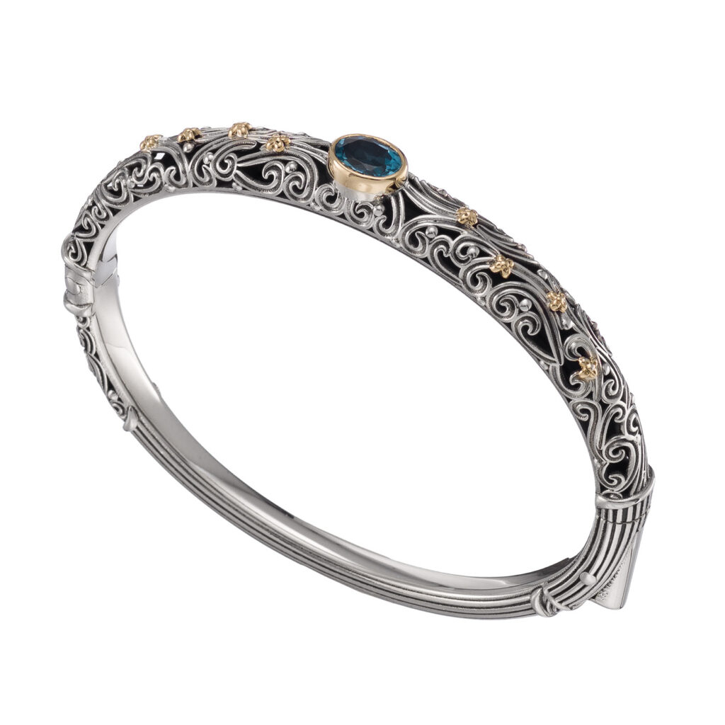 Handcrafted Silver Bracelet with Blue Topaz and 18k Gold