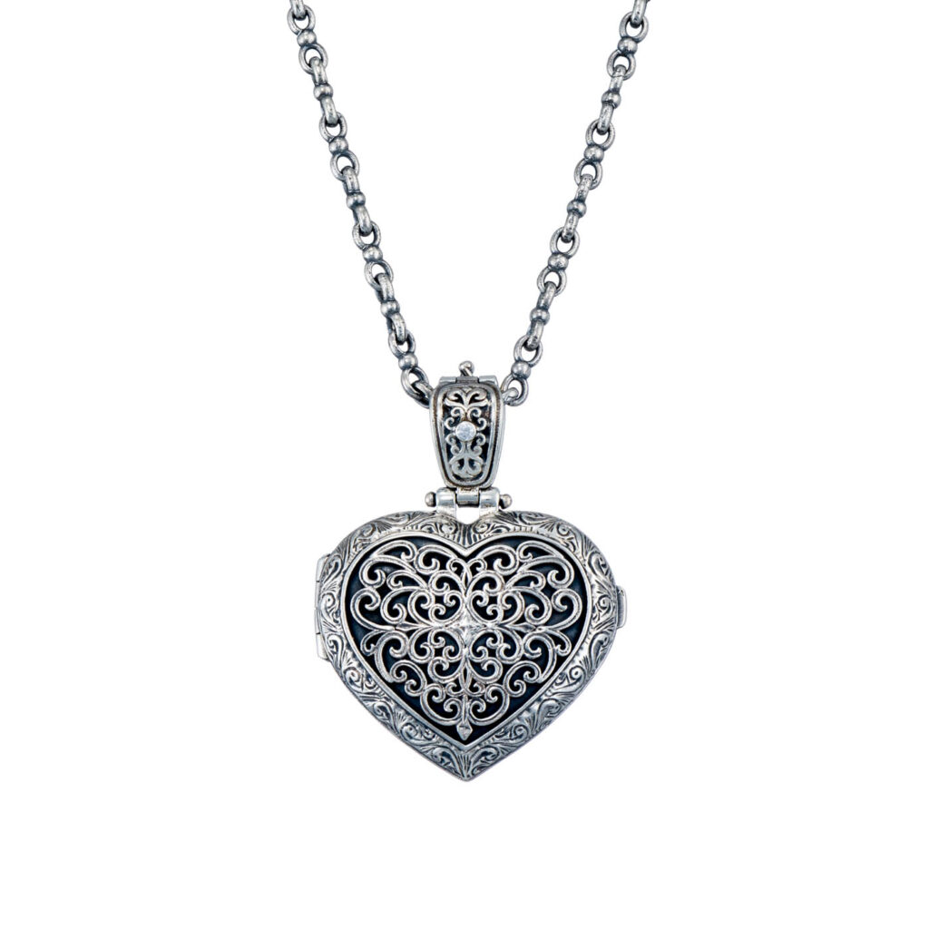 Heart Locket Large Pendant Filigree Flower Photo Remembrance