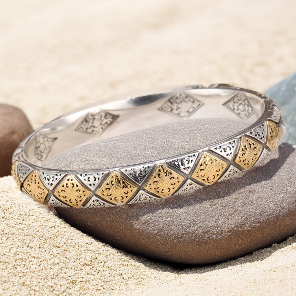 Rhombus Pattern Bangle Bracelet in 18k Gold and Silver 6463