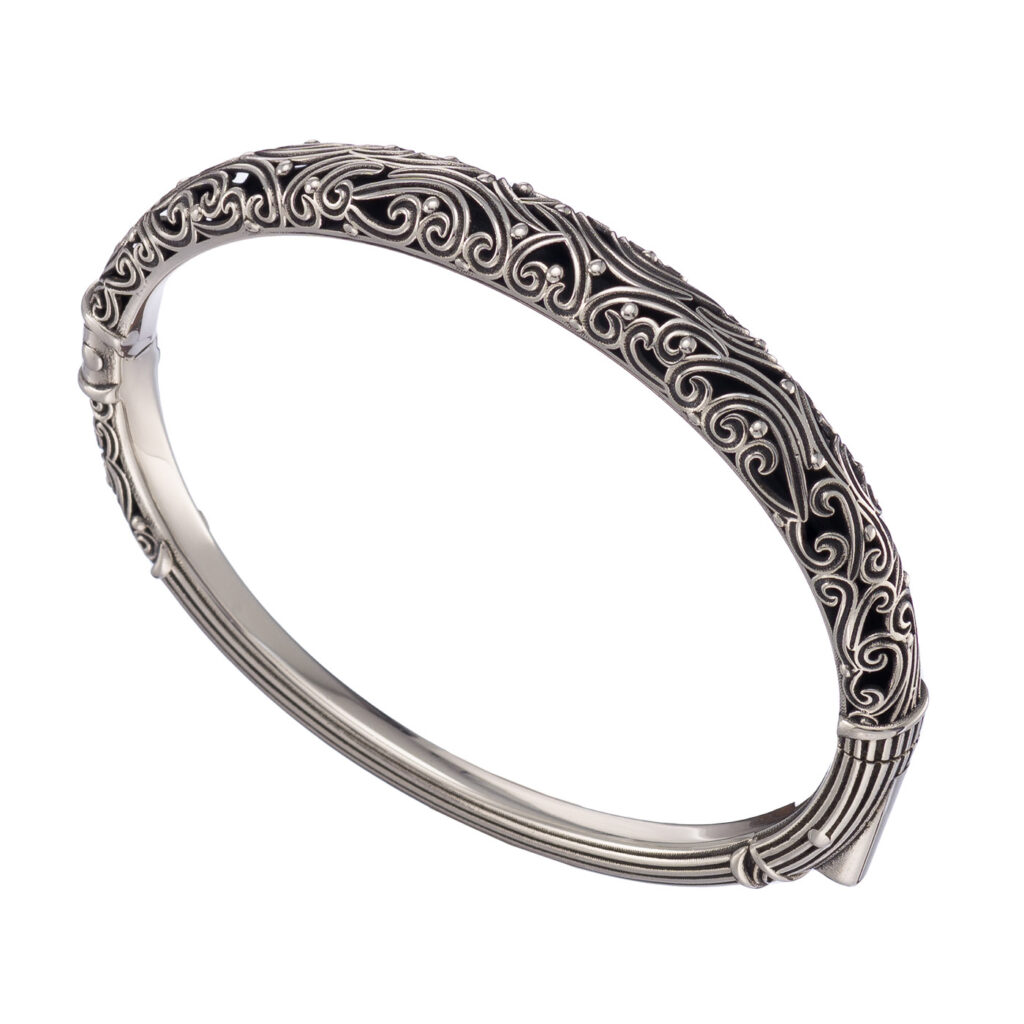 Silver Filigree Oval Bracelet with Floral Details