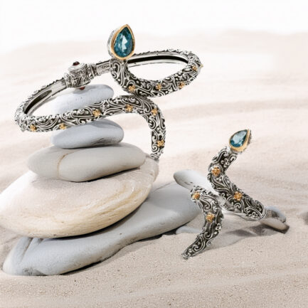 Snake Open Bracelet Flowers in 18k Gold and Silver 6446