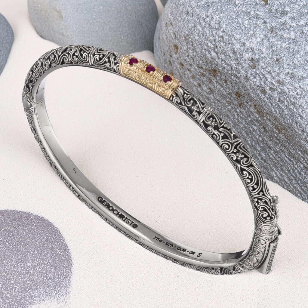 Triple Gemstone Bangle Bracelet in Gold and Silver