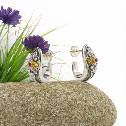 Half Hoop Earrings in 18k Gold and Silver Ruby 1162