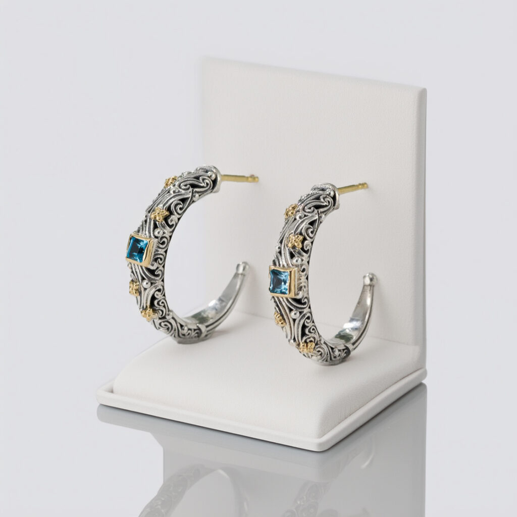Hoops Earrings in 18k Gold and Silver 10020-with-blue-topaz