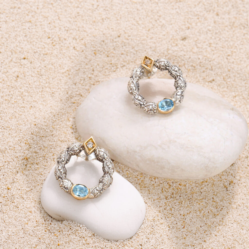 Small Circle Stud Earrings with 18k Gold and Silver-10006 blue