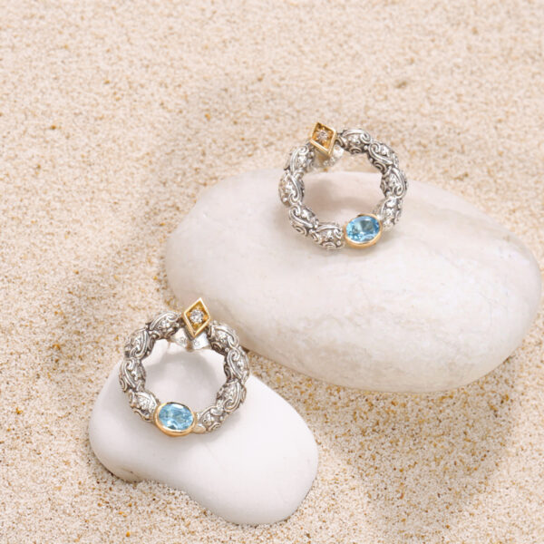 Small Circle Stud Earrings with 18k Gold and Silver-10006 blue