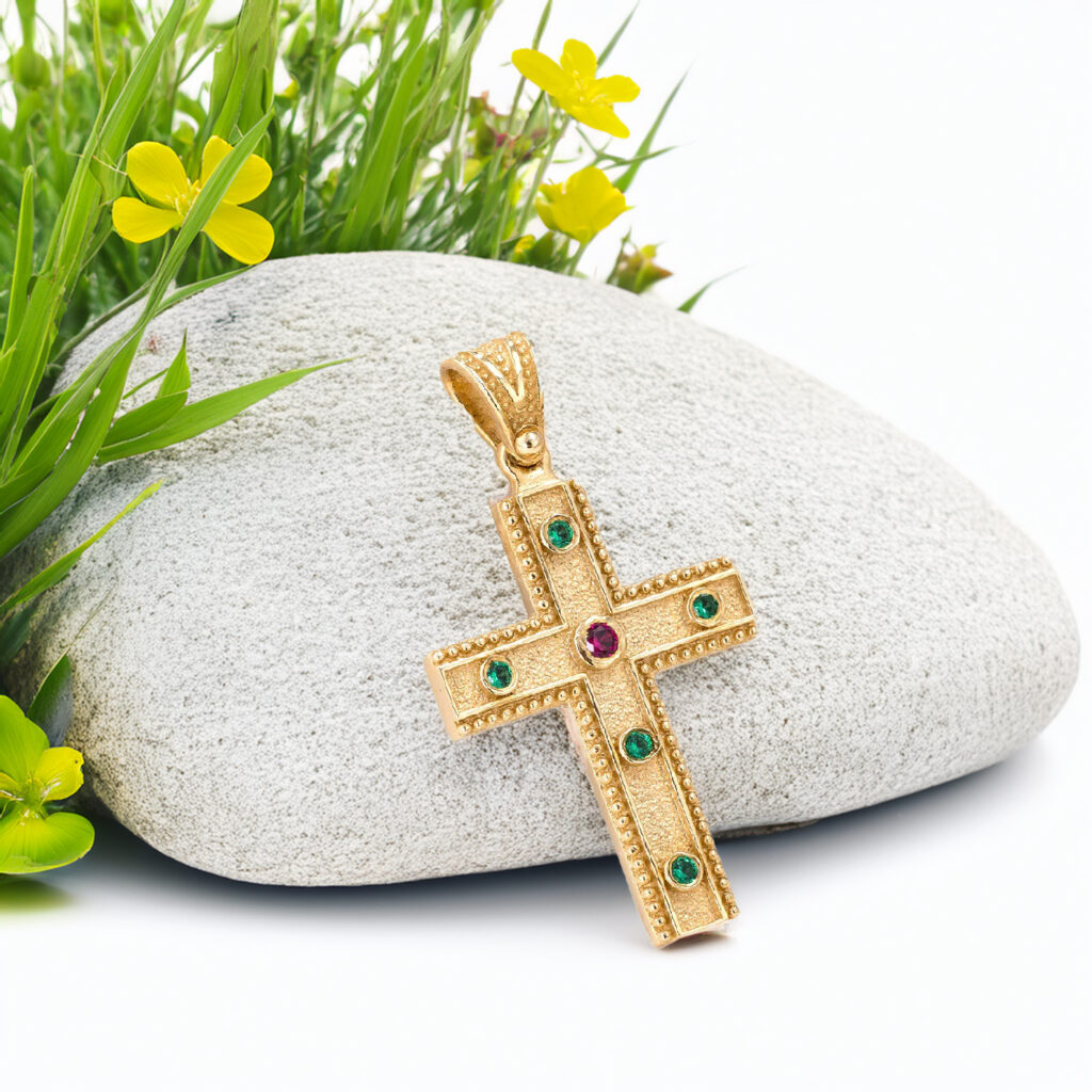 14k Gold Byzantine Cross with Multi Stones