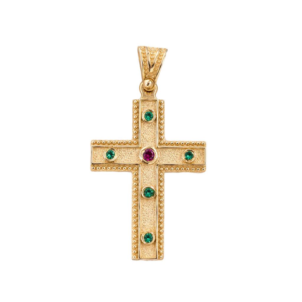 14k Gold Byzantine Cross with Multi Stones