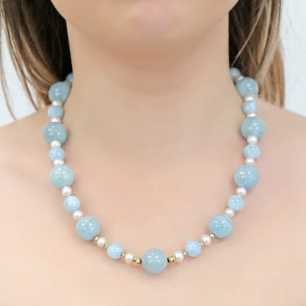 Aquamarine Necklace with Freshwater Pearls 5.5-6.0mm and 14k Yellow Gold Balls