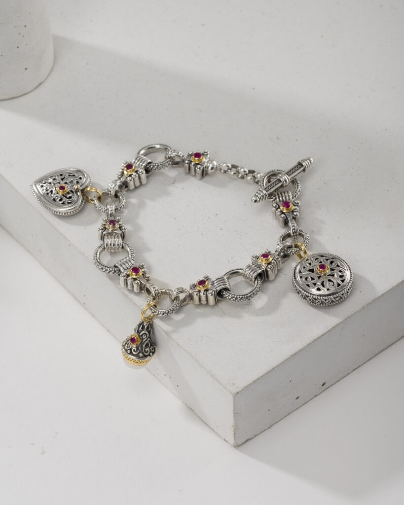 Charm Link Silver Bracelet with Ruby and Pearl