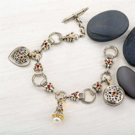 Charm Link Silver Bracelet with Ruby and Pearl