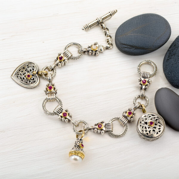 Charm Link Silver Bracelet with Ruby and Pearl