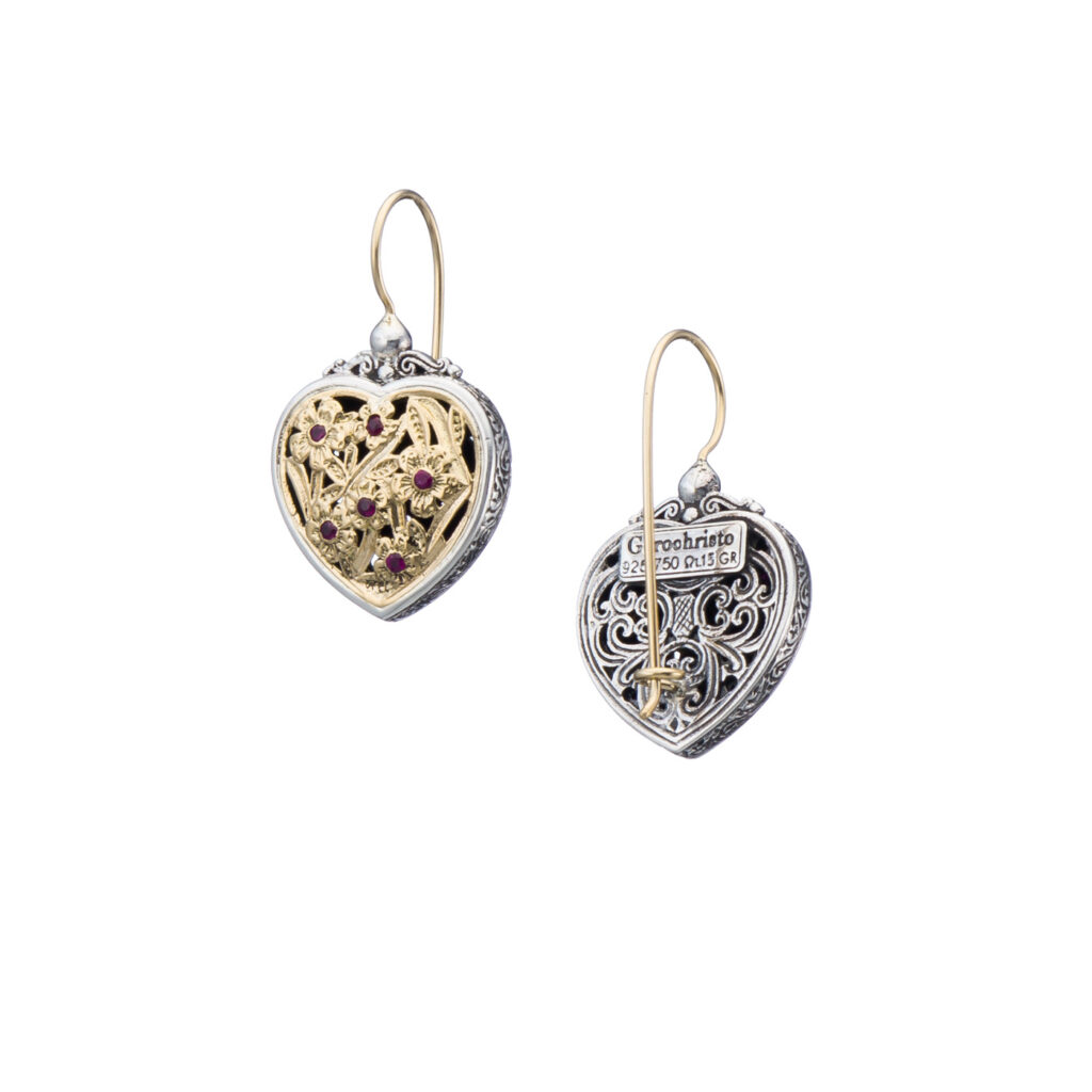 Heart earrings in 18K Gold and Sterling silver with rubies