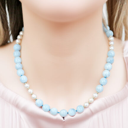 Necklace with Aquamarine and Pearls K14