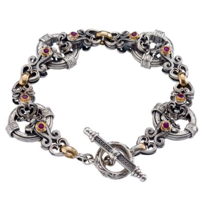 Vintage Floral Bracelet with Rubies in Gold & Silver